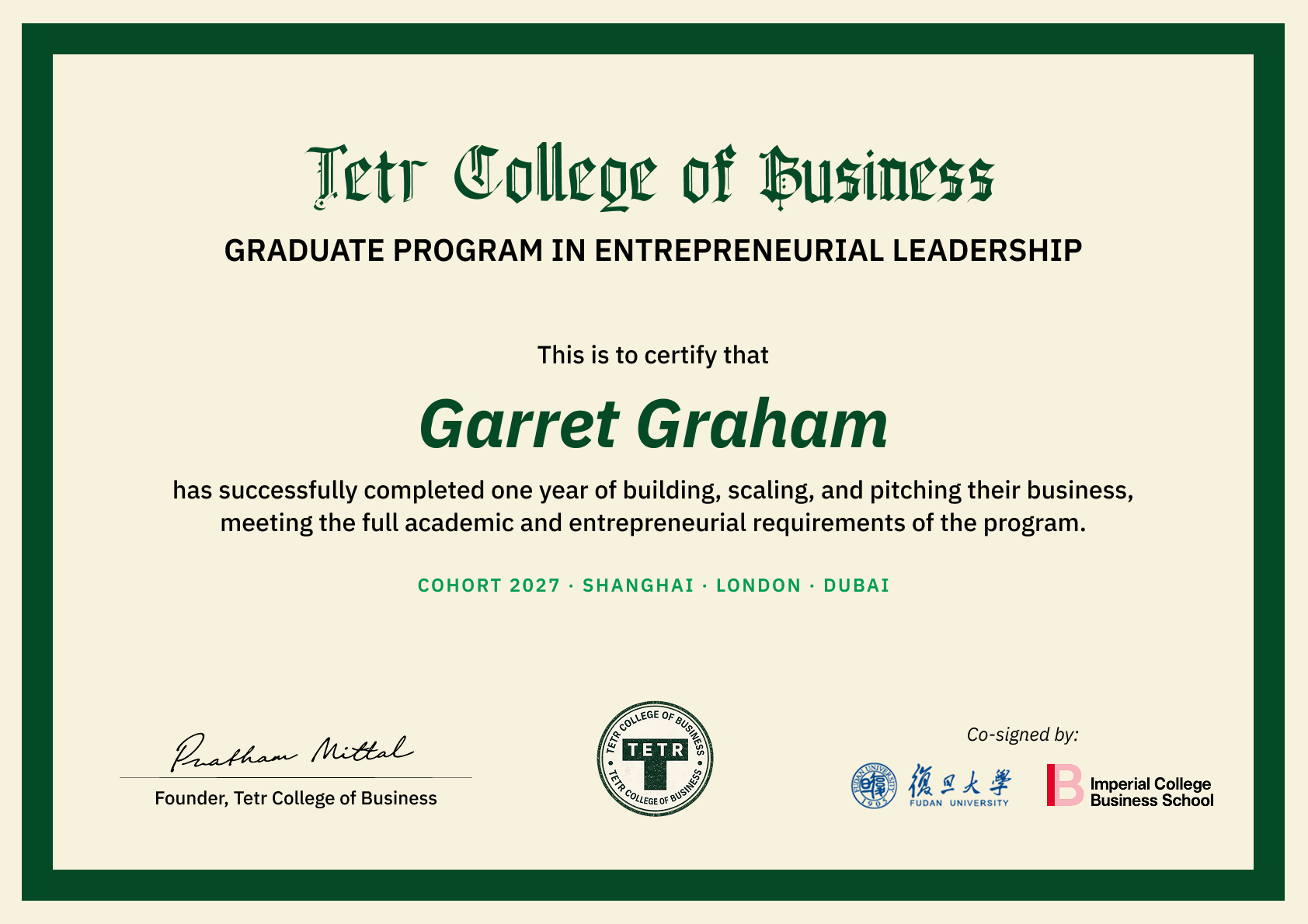 GIEP graduation certificate co-signed by Fudan University and Imperial College Business School